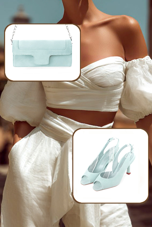 Dress heels peep-toe slingback in aquamarine blue leather with high slim heels and square toe - Worn view